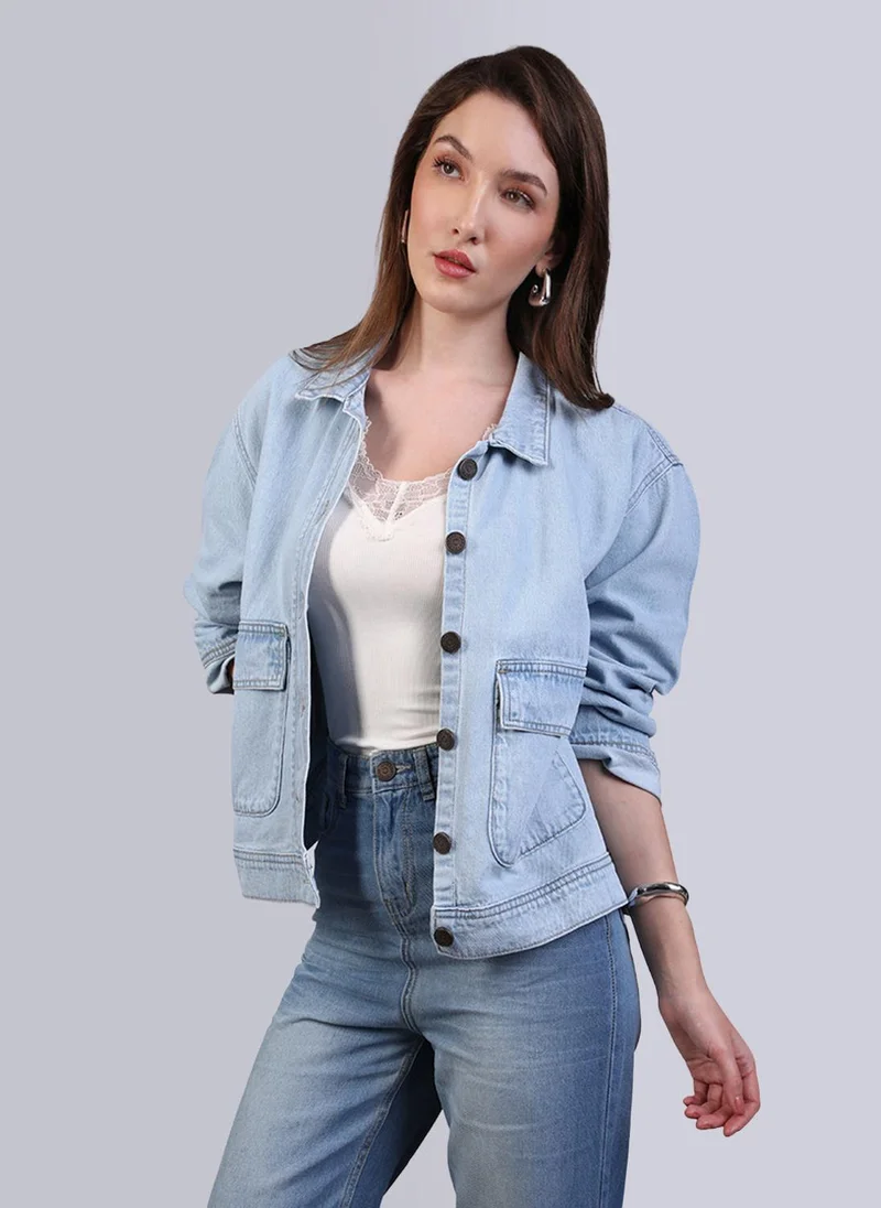 Urbano Fashion  Urbano Fashion Women's Ice Blue Relaxed Fit Full Sleeve Utility Denim Jacket for Women | Best Price UAE